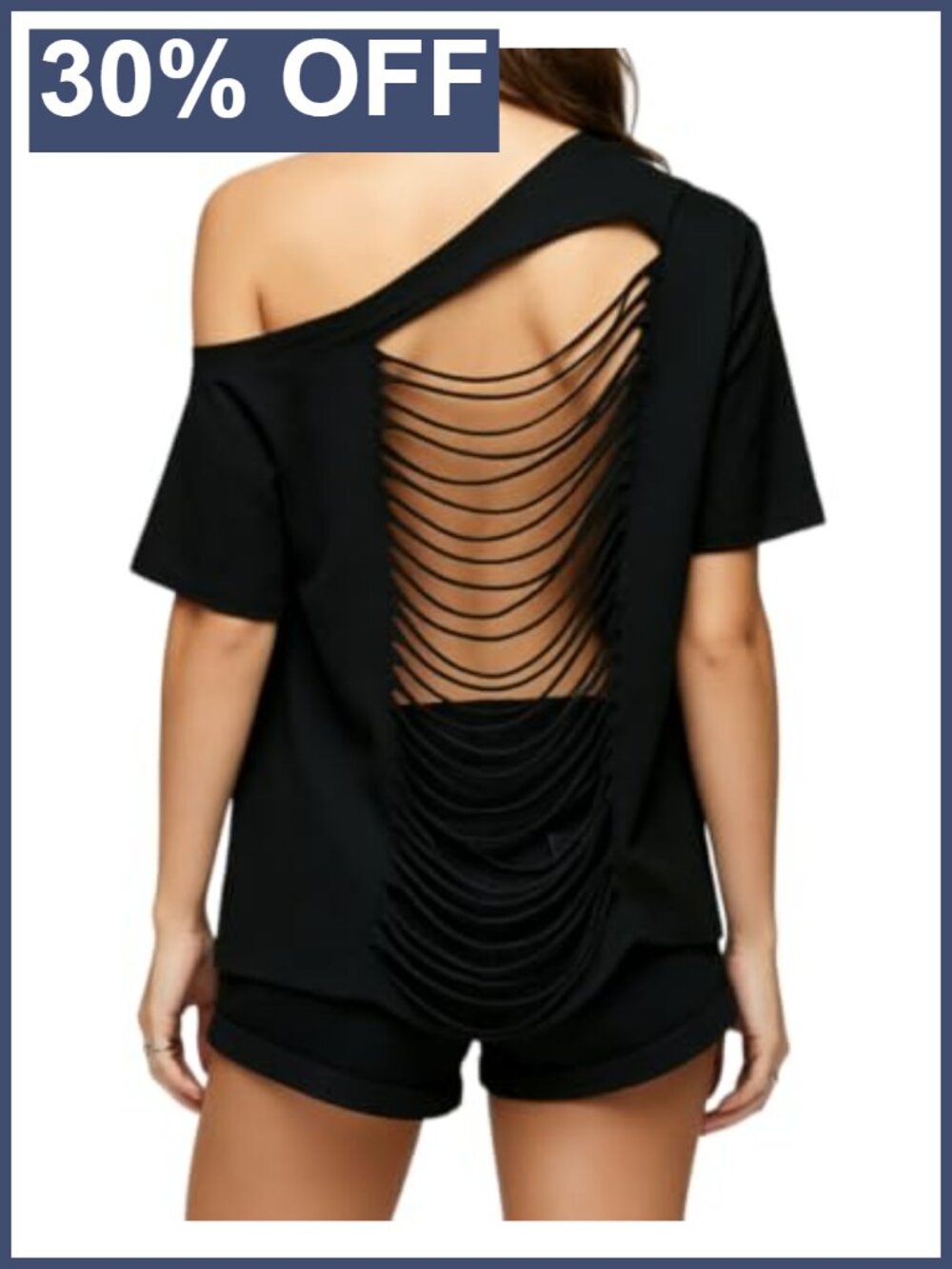 Off Shoulder Distressed Ripped Tee Shredded Cutout Back Top Grunge Oversized
